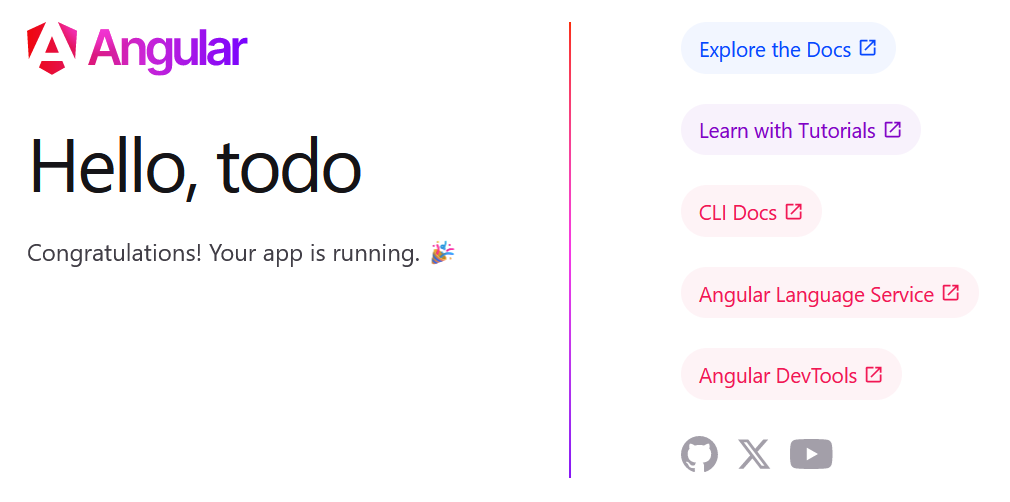 Angular. Hello, todo. Congratulations! Your app is running.